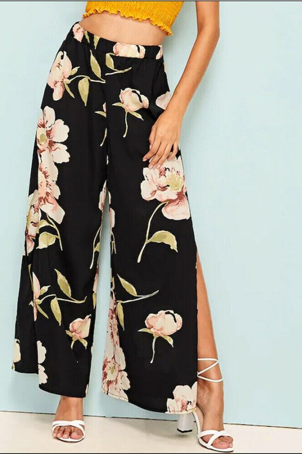 The Best Women's Floral Print Wide Leg High Elastic Waist Simmer Casual Cropped Pants Ladies Split Loose Beach Trousers Online - Takalr