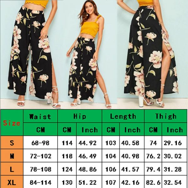 The Best Women's Floral Print Wide Leg High Elastic Waist Simmer Casual Cropped Pants Ladies Split Loose Beach Trousers Online - Takalr