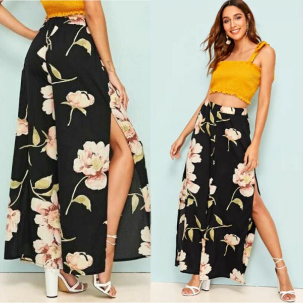 The Best Women's Floral Print Wide Leg High Elastic Waist Simmer Casual Cropped Pants Ladies Split Loose Beach Trousers Online - Takalr