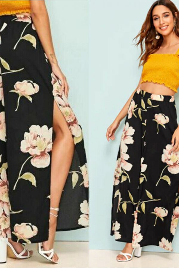 The Best Women's Floral Print Wide Leg High Elastic Waist Simmer Casual Cropped Pants Ladies Split Loose Beach Trousers Online - Takalr