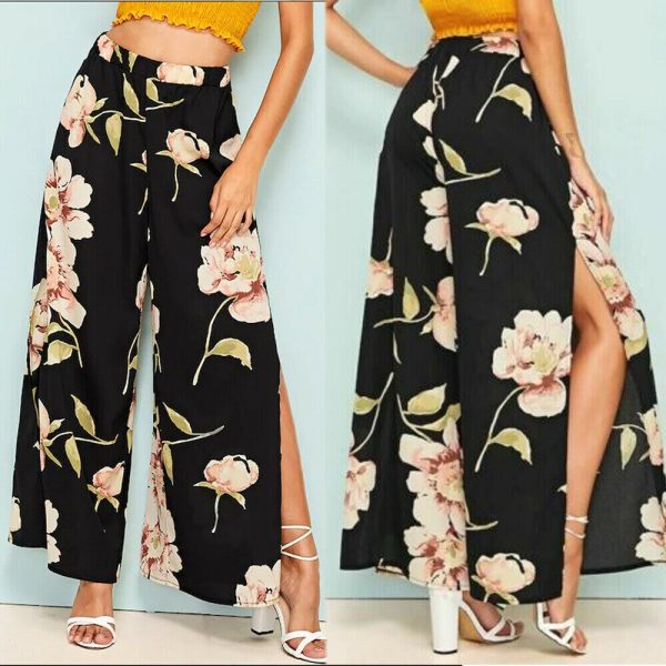 The Best Women's Floral Print Wide Leg High Elastic Waist Simmer Casual Cropped Pants Ladies Split Loose Beach Trousers Online - Takalr