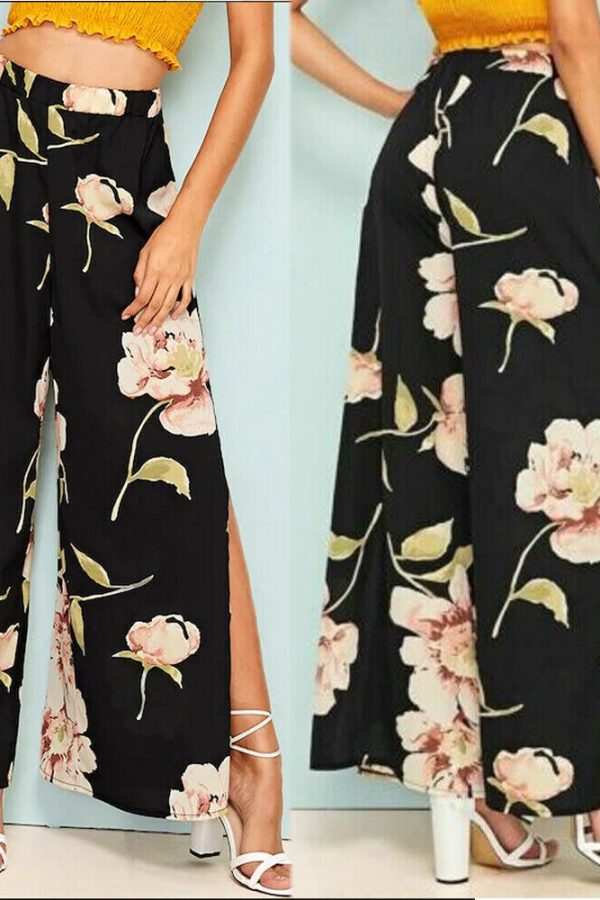 The Best Women's Floral Print Wide Leg High Elastic Waist Simmer Casual Cropped Pants Ladies Split Loose Beach Trousers Online - Takalr