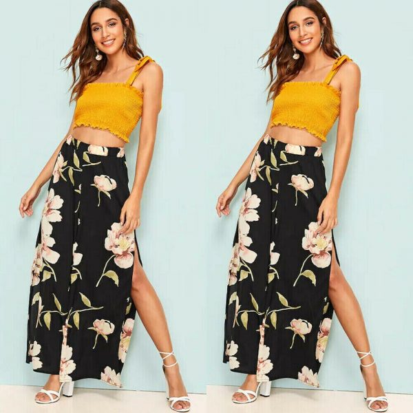 The Best Women's Floral Print Wide Leg High Elastic Waist Simmer Casual Cropped Pants Ladies Split Loose Beach Trousers Online - Takalr