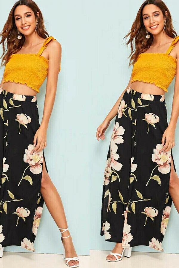 The Best Women's Floral Print Wide Leg High Elastic Waist Simmer Casual Cropped Pants Ladies Split Loose Beach Trousers Online - Takalr