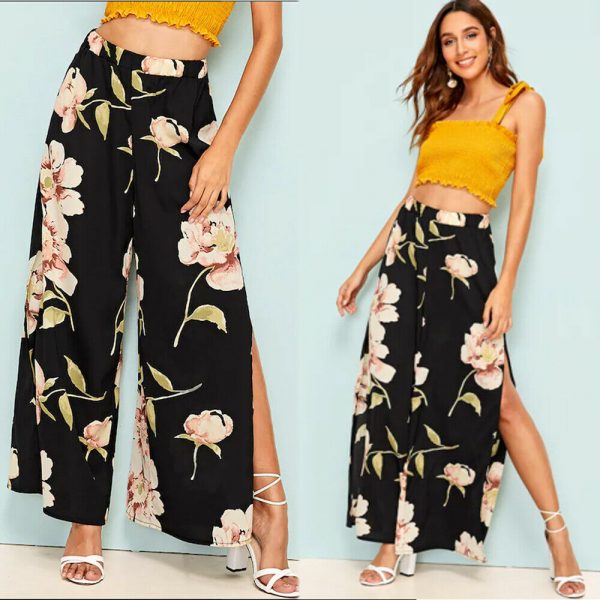 The Best Women's Floral Print Wide Leg High Elastic Waist Simmer Casual Cropped Pants Ladies Split Loose Beach Trousers Online - Takalr