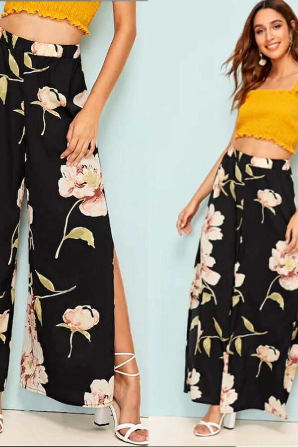 The Best Women's Floral Print Wide Leg High Elastic Waist Simmer Casual Cropped Pants Ladies Split Loose Beach Trousers Online - Takalr