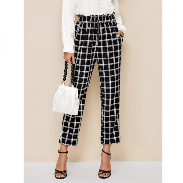 The Best Women's High Waist Plaid Check Casual Trousers Fashion Ladies Loose Wide Leg Long Harem Pants Office Work Trousers Online - Takalr