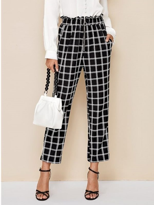 The Best Women's High Waist Plaid Check Casual Trousers Fashion Ladies Loose Wide Leg Long Harem Pants Office Work Trousers Online - Takalr