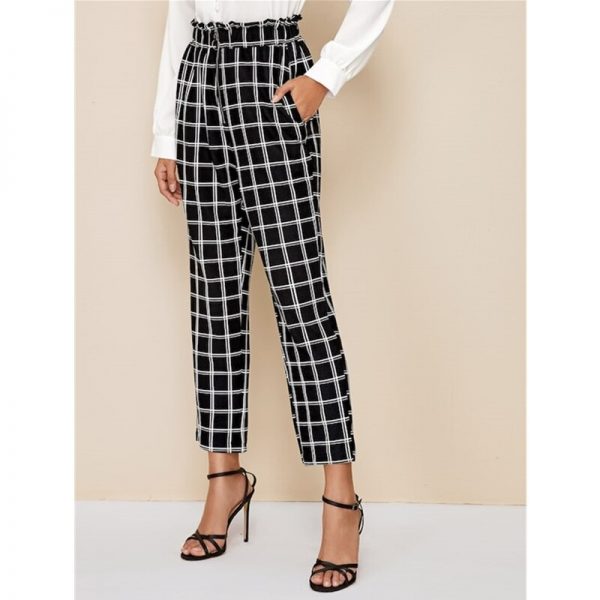 The Best Women's High Waist Plaid Check Casual Trousers Fashion Ladies Loose Wide Leg Long Harem Pants Office Work Trousers Online - Takalr