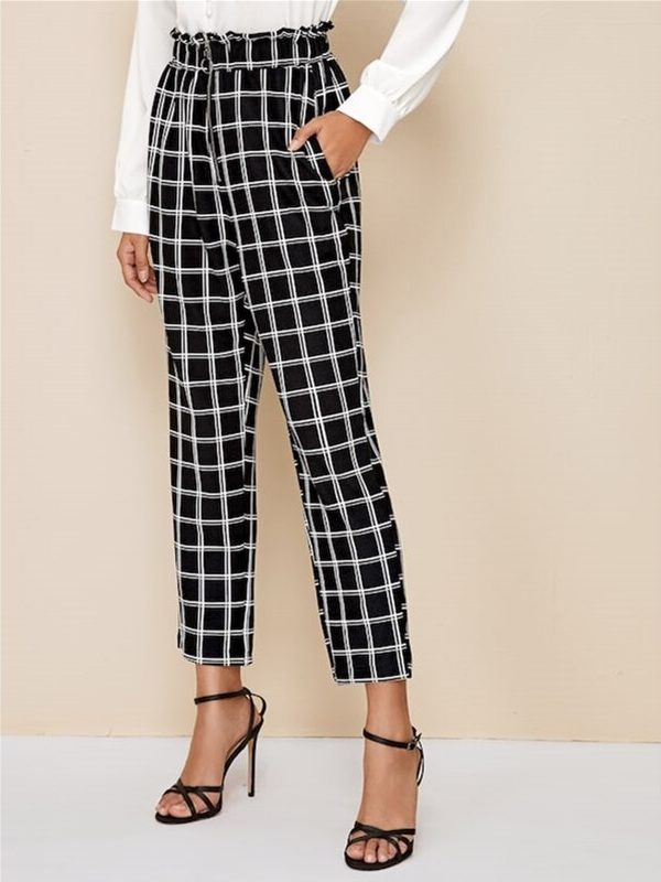 The Best Women's High Waist Plaid Check Casual Trousers Fashion Ladies Loose Wide Leg Long Harem Pants Office Work Trousers Online - Takalr