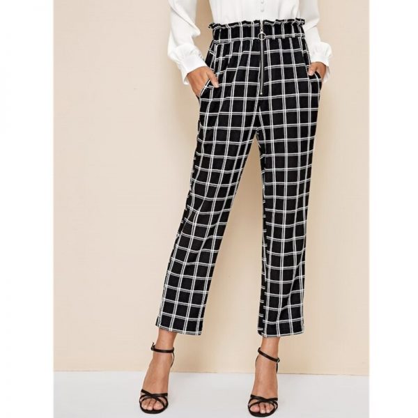 The Best Women's High Waist Plaid Check Casual Trousers Fashion Ladies Loose Wide Leg Long Harem Pants Office Work Trousers Online - Takalr