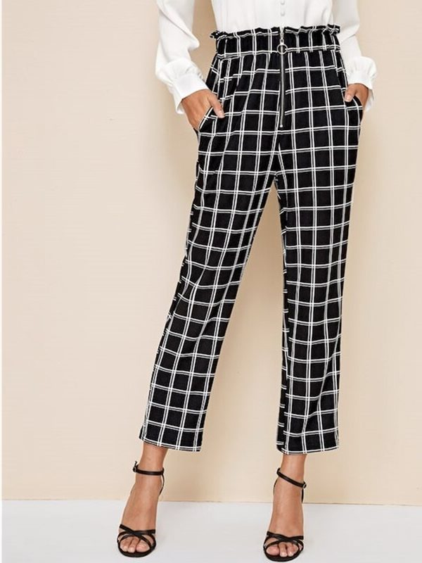 The Best Women's High Waist Plaid Check Casual Trousers Fashion Ladies Loose Wide Leg Long Harem Pants Office Work Trousers Online - Takalr