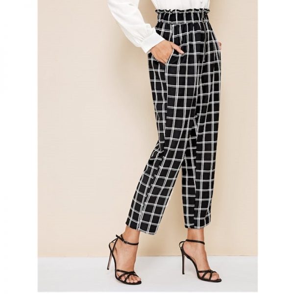 The Best Women's High Waist Plaid Check Casual Trousers Fashion Ladies Loose Wide Leg Long Harem Pants Office Work Trousers Online - Takalr