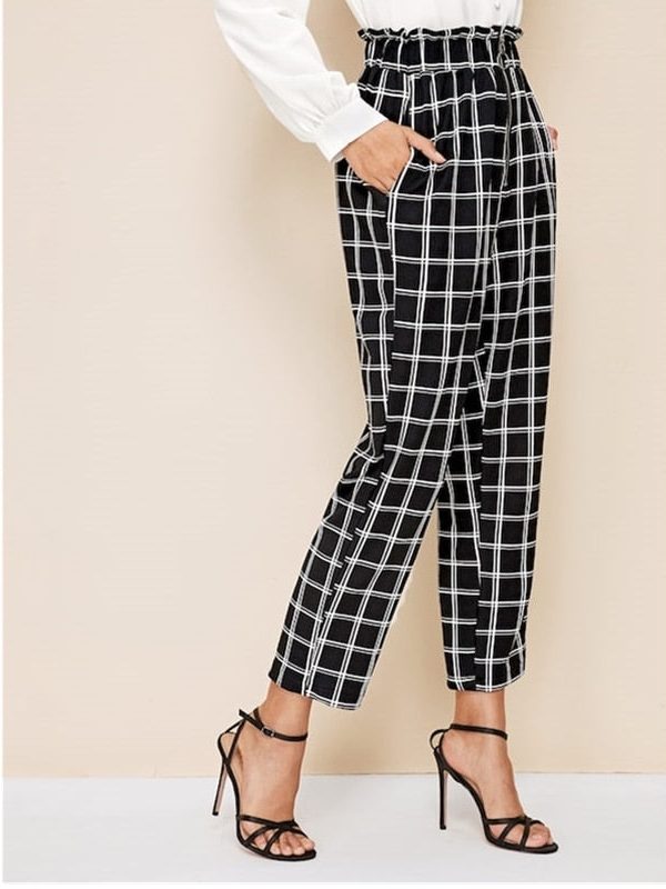 The Best Women's High Waist Plaid Check Casual Trousers Fashion Ladies Loose Wide Leg Long Harem Pants Office Work Trousers Online - Takalr