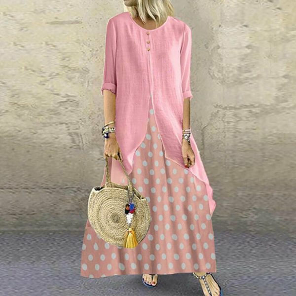 The Best Women's Holiday Loose Fake Two Ladies Summer Autumn Beach Long Sleeve Maxi Dresses Ladies Casual Polka Dot Sundress Online - Takalr