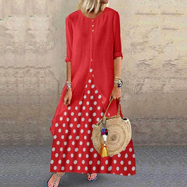 The Best Women's Holiday Loose Fake Two Ladies Summer Autumn Beach Long Sleeve Maxi Dresses Ladies Casual Polka Dot Sundress Online - Takalr