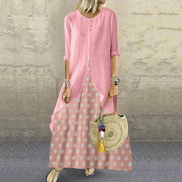 The Best Women's Holiday Loose Fake Two Ladies Summer Autumn Beach Long Sleeve Maxi Dresses Ladies Casual Polka Dot Sundress Online - Takalr