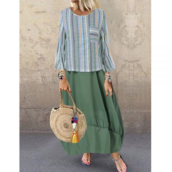 The Best Women's Holiday Loose Fake Two Ladies Summer Autumn Beach Long Sleeve Maxi Dresses Ladies Casual Striped Sundress Online - Takalr