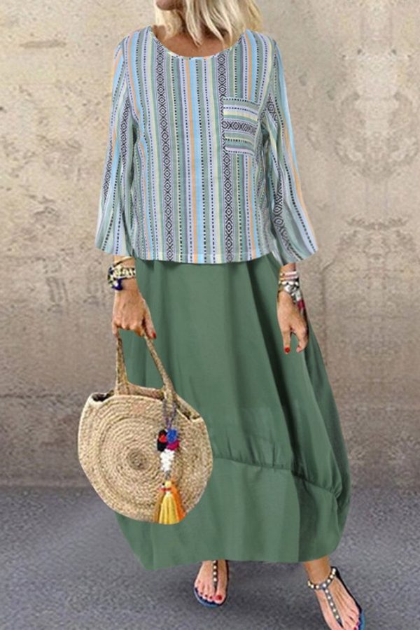 The Best Women's Holiday Loose Fake Two Ladies Summer Autumn Beach Long Sleeve Maxi Dresses Ladies Casual Striped Sundress Online - Takalr