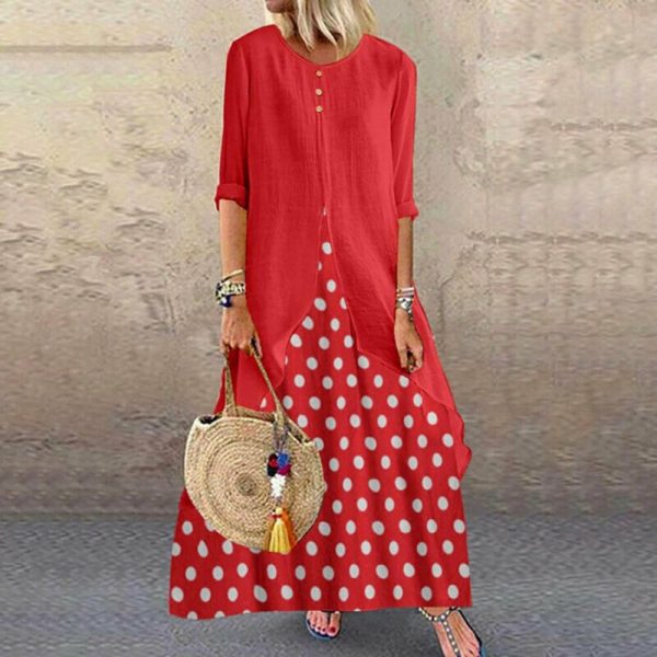 The Best Women's Holiday Loose Fake Two Ladies Summer Autumn Beach Long Sleeve Maxi Dresses Ladies Casual Polka Dot Sundress Online - Takalr