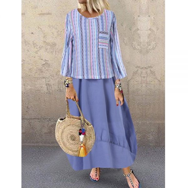 The Best Women's Holiday Loose Fake Two Ladies Summer Autumn Beach Long Sleeve Maxi Dresses Ladies Casual Striped Sundress Online - Takalr