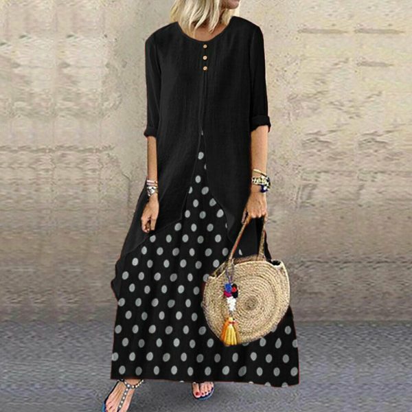 The Best Women's Holiday Loose Fake Two Ladies Summer Autumn Beach Long Sleeve Maxi Dresses Ladies Casual Polka Dot Sundress Online - Takalr