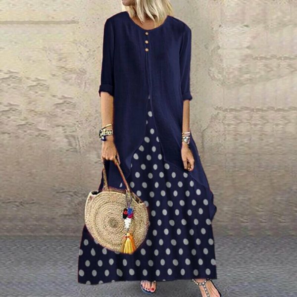 The Best Women's Holiday Loose Fake Two Ladies Summer Autumn Beach Long Sleeve Maxi Dresses Ladies Casual Polka Dot Sundress Online - Takalr