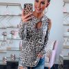 The Best Women's Hollow Cold Off Shoulder Long Sleeve Tee shirt Ladies Casual Crew Neck Leopard Blouse Pullover Tops Online - Takalr