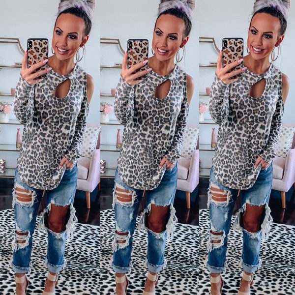 The Best Women's Hollow Cold Off Shoulder Long Sleeve Tee shirt Ladies Casual Crew Neck Leopard Blouse Pullover Tops Online - Takalr