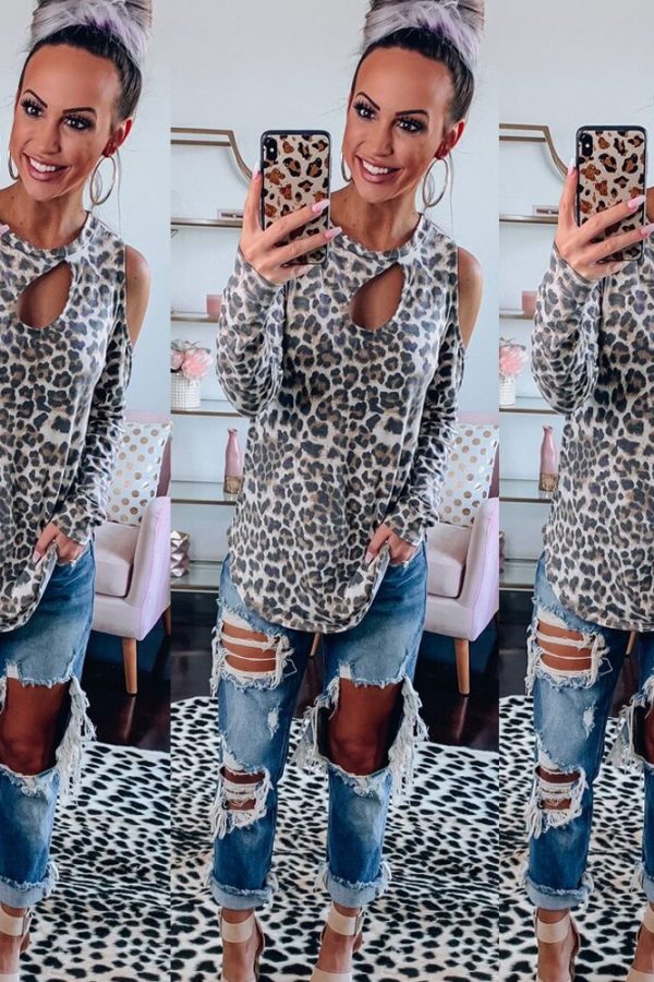 The Best Women's Hollow Cold Off Shoulder Long Sleeve Tee shirt Ladies Casual Crew Neck Leopard Blouse Pullover Tops Online - Takalr