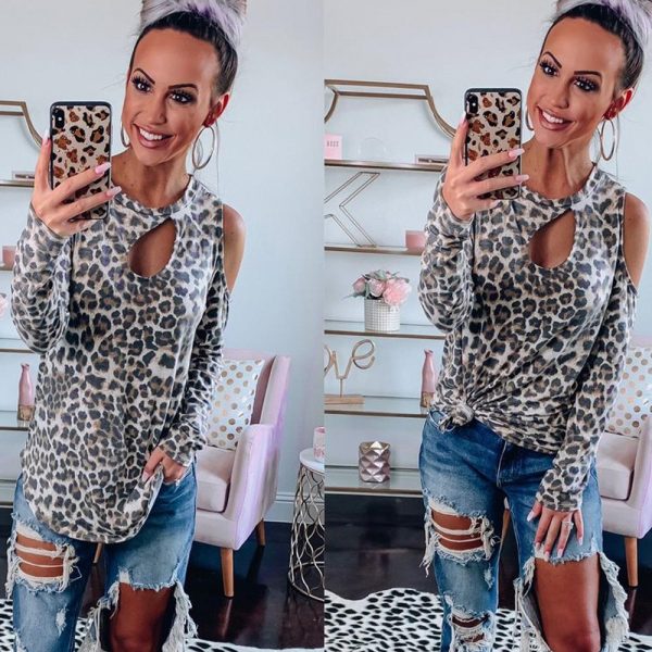 The Best Women's Hollow Cold Off Shoulder Long Sleeve Tee shirt Ladies Casual Crew Neck Leopard Blouse Pullover Tops Online - Takalr