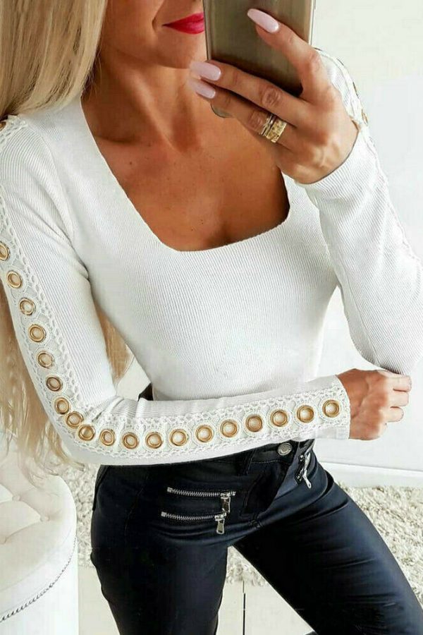 The Best Women's Hollow Out Long Sleeve Tops Shirt Ladies Knit Solid Casual Slim Blouse Autumn Sweatshirt Jumper Pullover Tops Online - Takalr