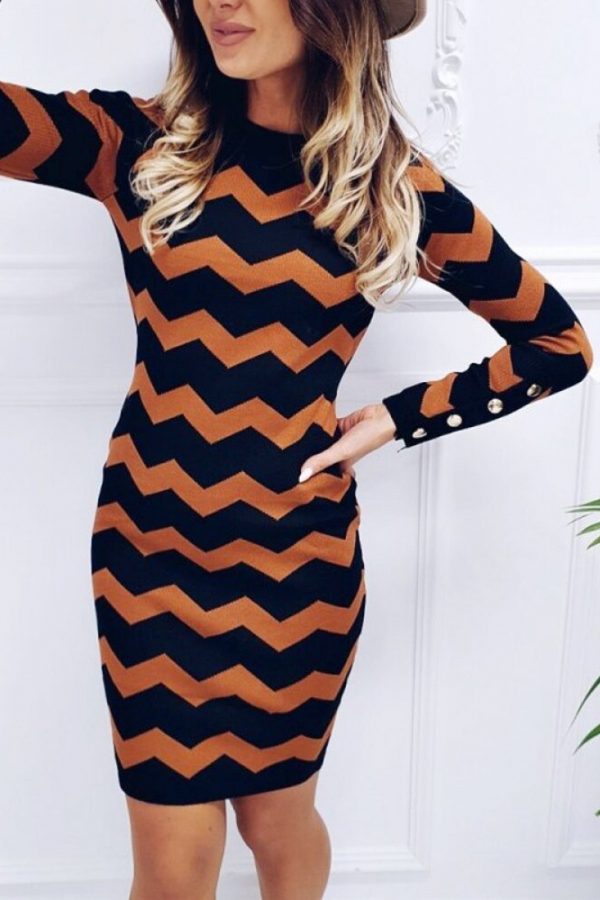 The Best Women's Knitted Bodycon Striped Party Jumper Dress Ladies Autumn Winter Crew-Neck Long Sleeve Casual Sweater Tops Dress Online - Takalr