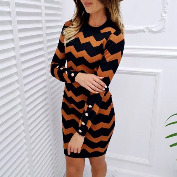 The Best Women's Knitted Bodycon Striped Party Jumper Dress Ladies Autumn Winter Crew-Neck Long Sleeve Casual Sweater Tops Dress Online - Takalr