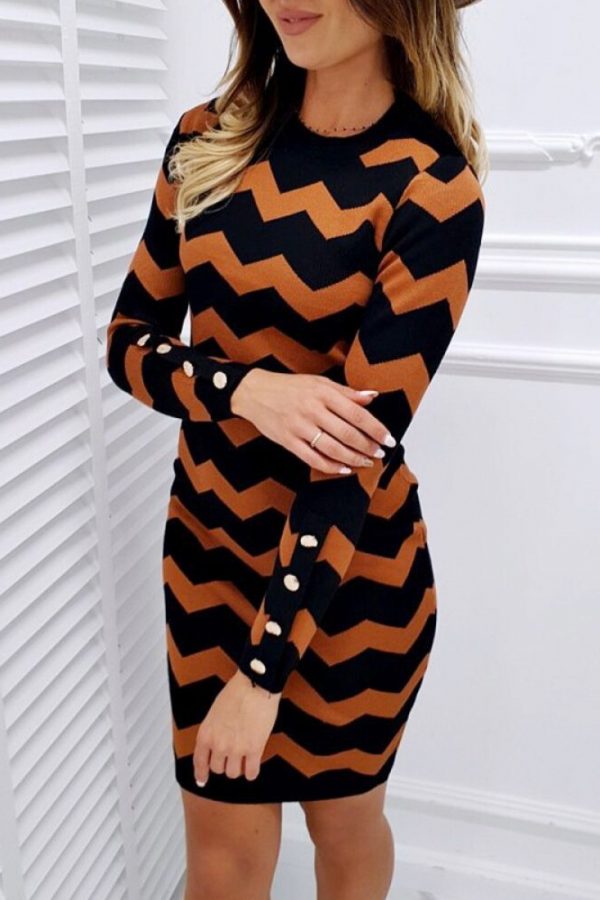 The Best Women's Knitted Bodycon Striped Party Jumper Dress Ladies Autumn Winter Crew-Neck Long Sleeve Casual Sweater Tops Dress Online - Takalr