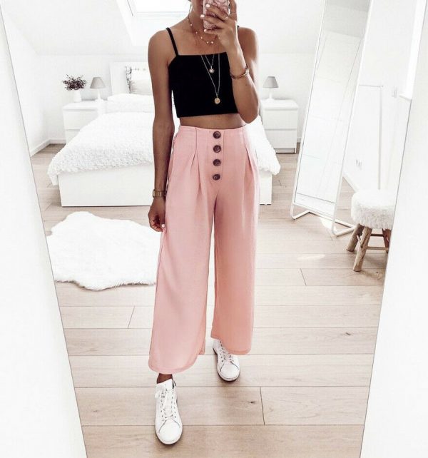 The Best Women's Ladies Solid Pleated High Elastic Waist Wide Leg Harem Trousers Casual Palazzo Loose Beach OL Pants Online - Takalr