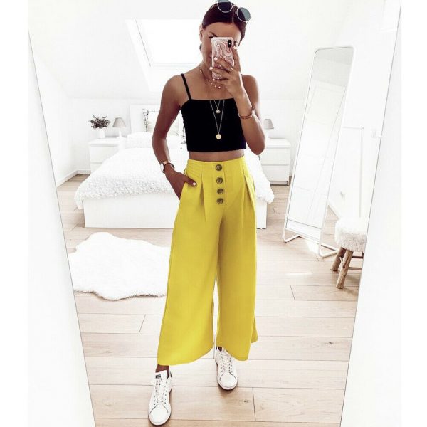 The Best Women's Ladies Solid Pleated High Elastic Waist Wide Leg Harem Trousers Casual Palazzo Loose Beach OL Pants Online - Takalr