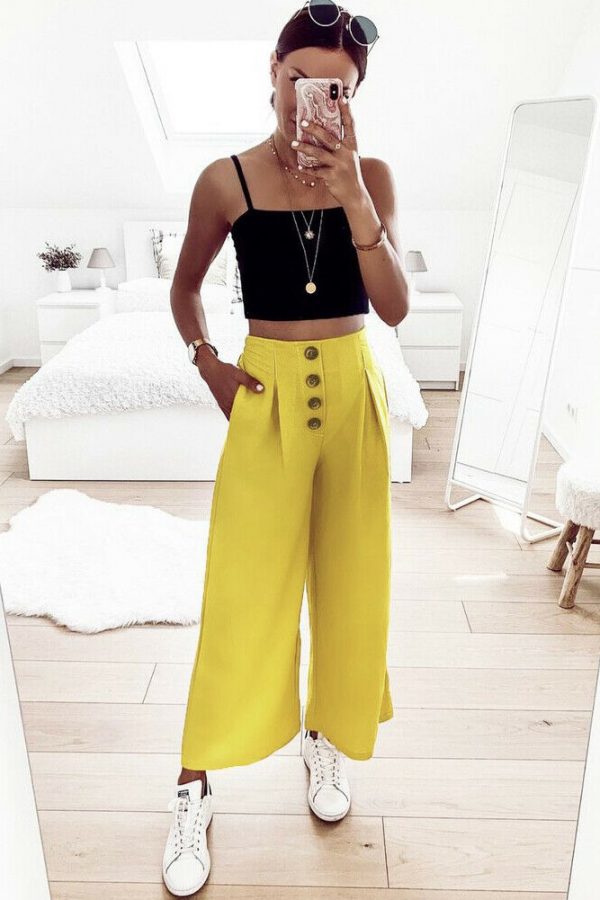 The Best Women's Ladies Solid Pleated High Elastic Waist Wide Leg Harem Trousers Casual Palazzo Loose Beach OL Pants Online - Takalr