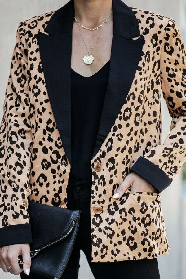 The Best Women's Leopard Blazer Jacket Fashion Long Sleeve Ladies Button Office Work OL Autumn Casual Lapel Outwear Blazer Slim Tops Online - Takalr