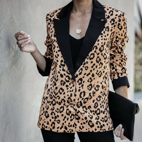 The Best Women's Leopard Blazer Jacket Fashion Long Sleeve Ladies Button Office Work OL Autumn Casual Lapel Outwear Blazer Slim Tops Online - Takalr