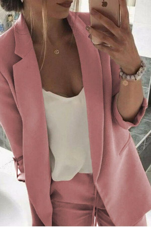 The Best Women's Long Sleeve Open Front Blazer Longline Work Office Lapel Cardigan Jacket with Pockets Slim Fitness Outwear Jacket 2019 Online - Takalr