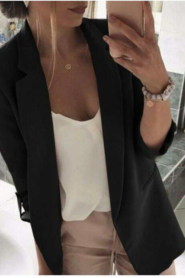 The Best Women's Long Sleeve Open Front Blazer Longline Work Office Lapel Cardigan Jacket with Pockets Slim Fitness Outwear Jacket 2019 Online - Takalr