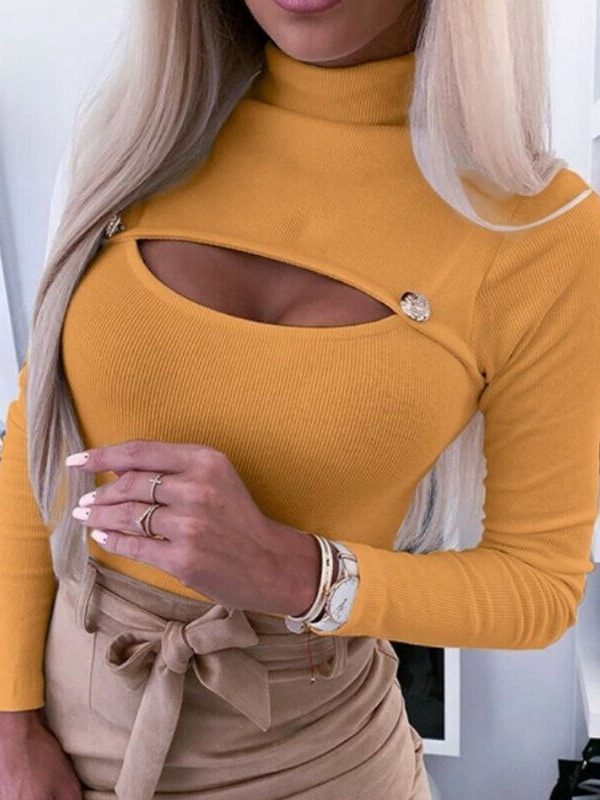 The Best Women's Long Sleeve Sexy Hollow Out Bodycon Slim Blouse Tee Spring Autumn Ladies High Neck Casual Pullover Tops Online - Takalr