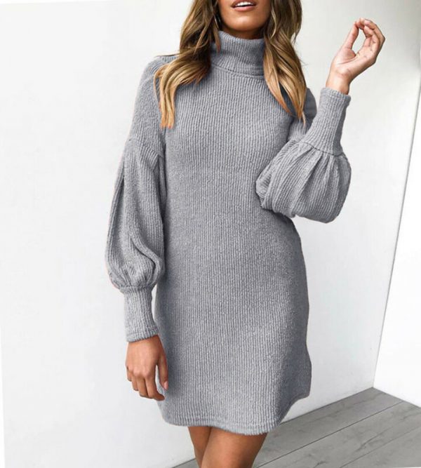 The Best Women's Loose Oversize Turtleneck Lantern Sleeve Knit Sweater Dress Winter Warm Mini Jumper Pullover Dresses Online - Takalr