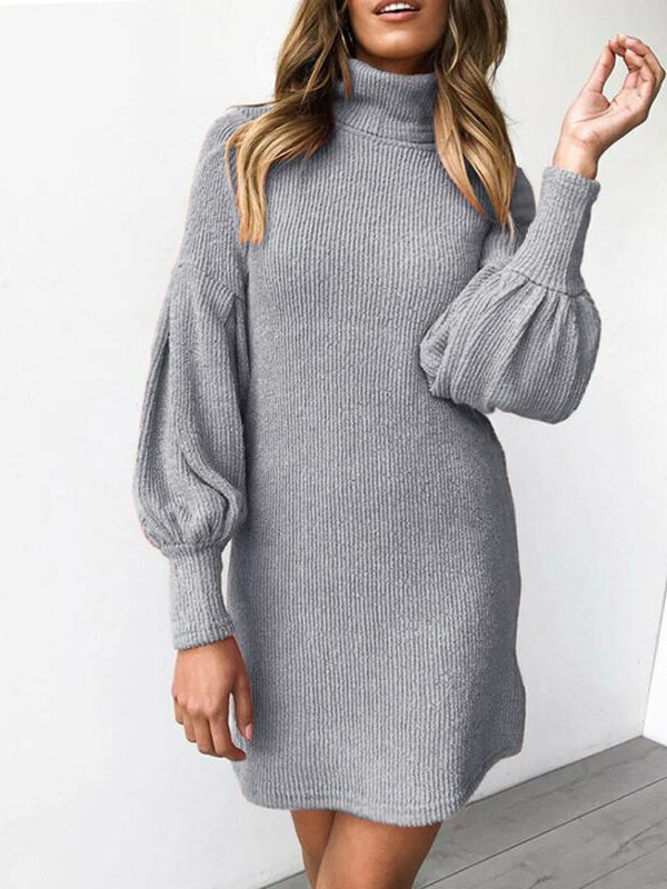 The Best Women's Loose Oversize Turtleneck Lantern Sleeve Knit Sweater Dress Winter Warm Mini Jumper Pullover Dresses Online - Takalr