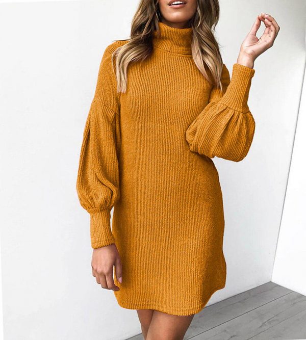 The Best Women's Loose Oversize Turtleneck Lantern Sleeve Knit Sweater Dress Winter Warm Mini Jumper Pullover Dresses Online - Takalr