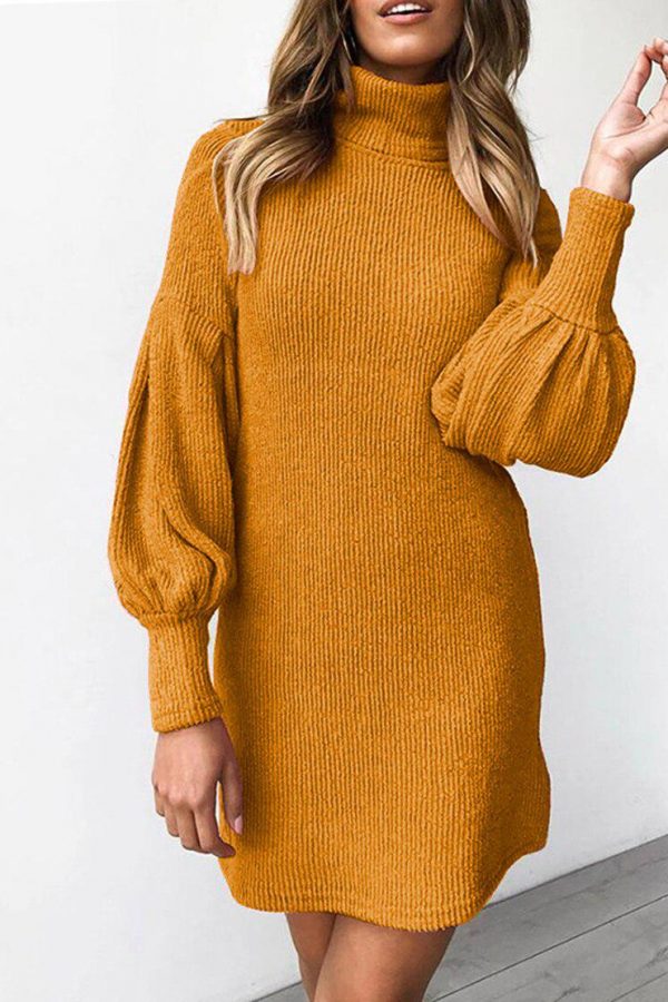 The Best Women's Loose Oversize Turtleneck Lantern Sleeve Knit Sweater Dress Winter Warm Mini Jumper Pullover Dresses Online - Takalr