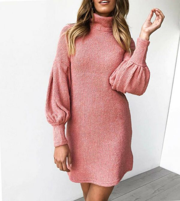 The Best Women's Loose Oversize Turtleneck Lantern Sleeve Knit Sweater Dress Winter Warm Mini Jumper Pullover Dresses Online - Takalr