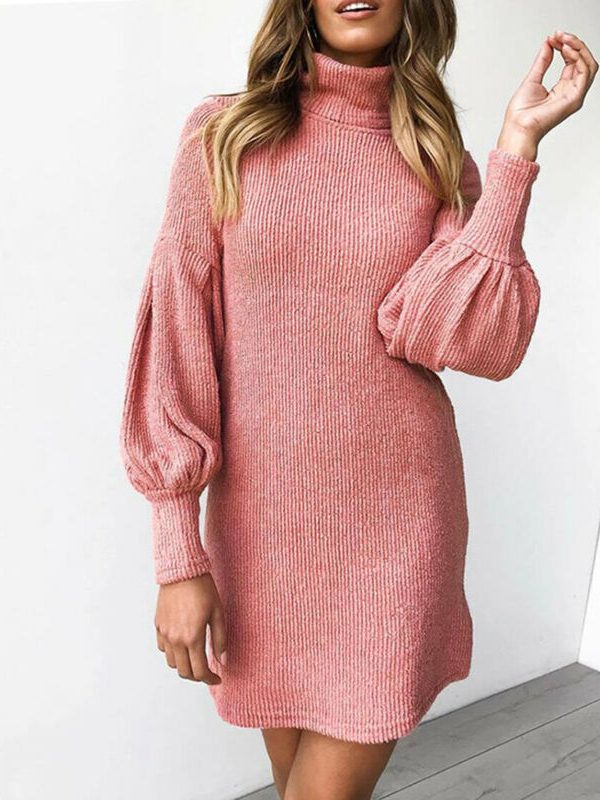 The Best Women's Loose Oversize Turtleneck Lantern Sleeve Knit Sweater Dress Winter Warm Mini Jumper Pullover Dresses Online - Takalr