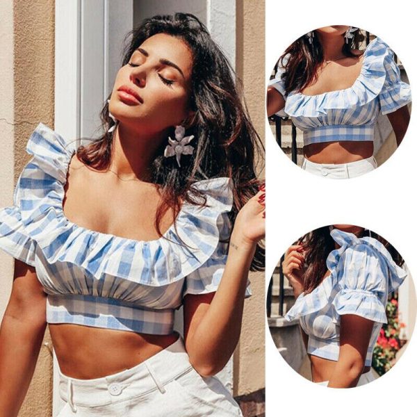 The Best Women's Lotus Leaf Neck Plaid Cami Vest Casual Crop Top Fashion Short Sleeve Summer Beach Tank Tops Blouse Shirt Online - Takalr